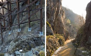 Two side-by-side photos of a timber frame and a pathway between rocky cliff sides