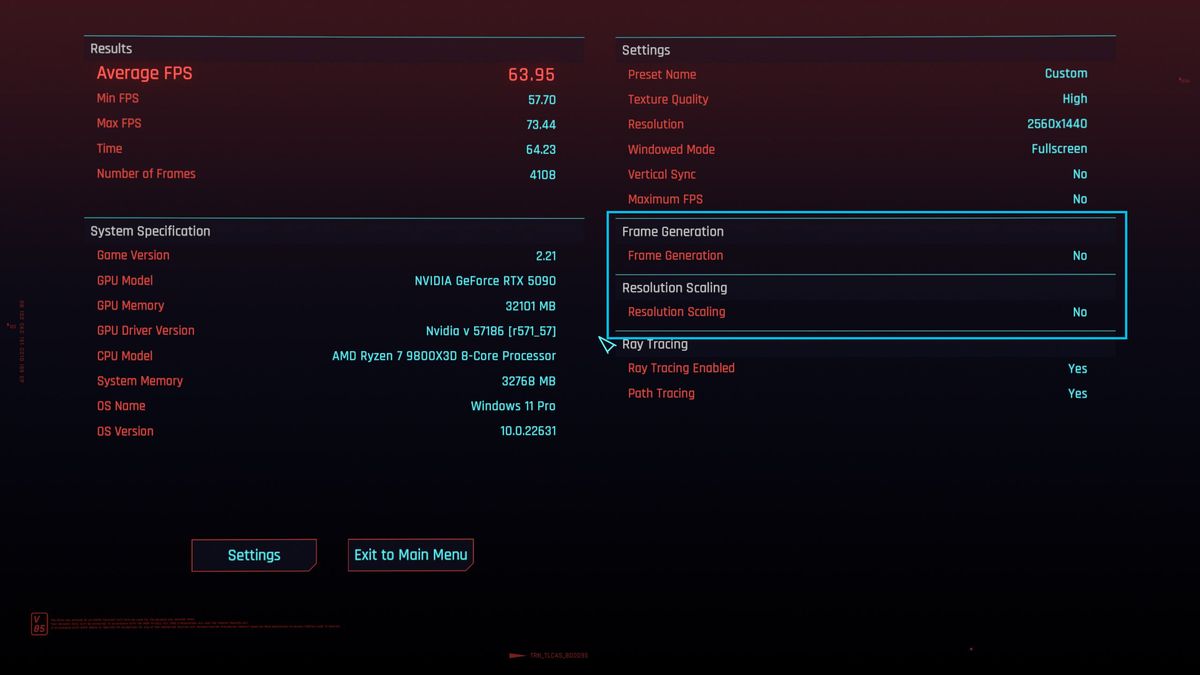 NVIDIA GeForce RTX 5090 FE running Cyberpunk with Multi-Frame Gen off