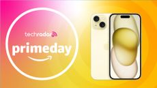 iPhone 15 on yellow background with Amazon Prime Day text overlay