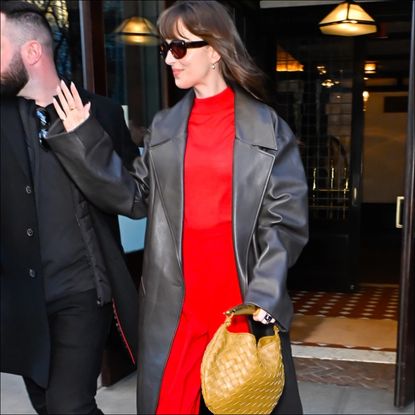 Dakota Johnson walks down the street with a Bottega Veneta bag 