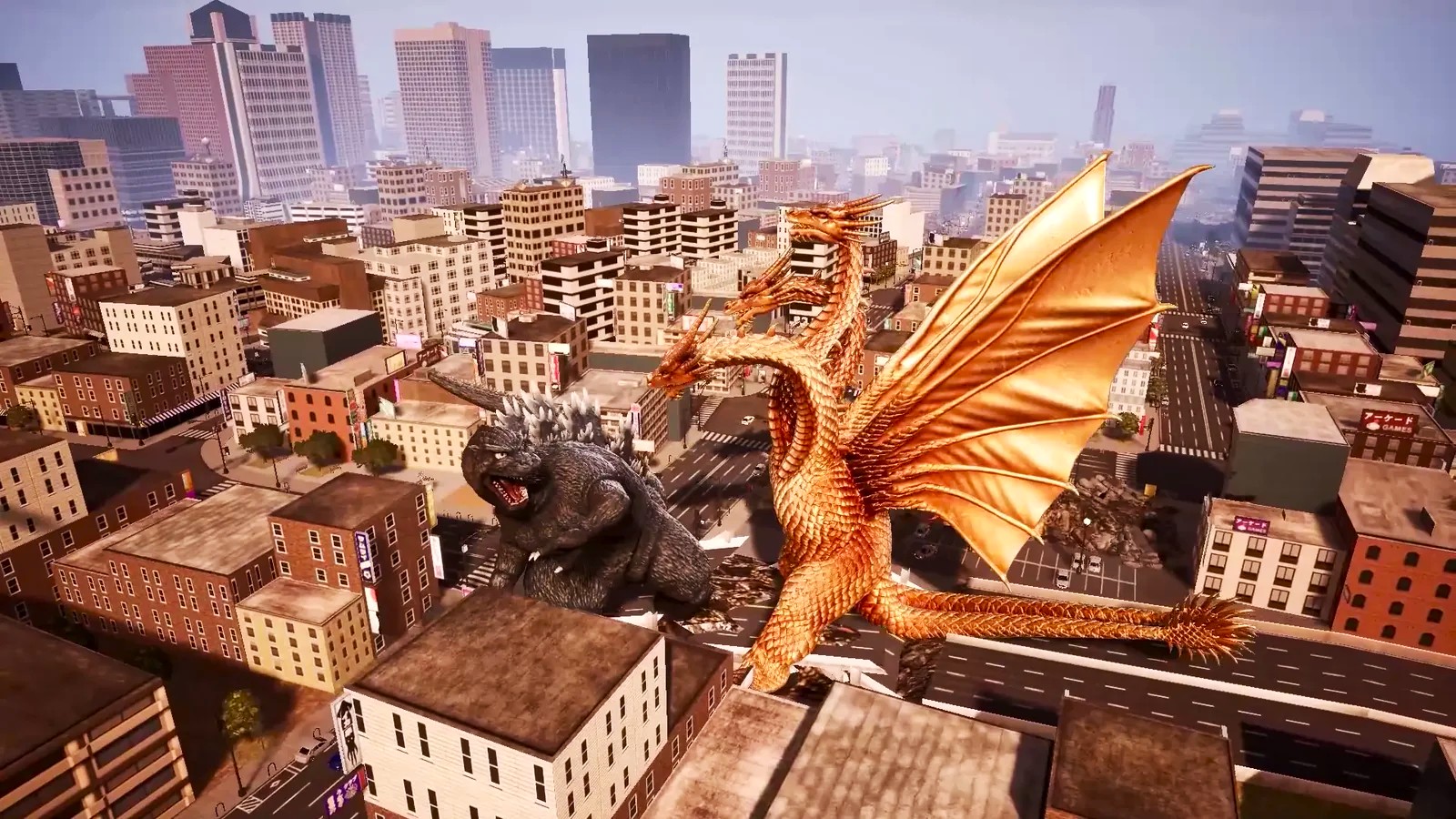 A screenshot from Godzilla: Destroy All Monsters Melee Remastered showing Godzilla battling in a city against King Ghidorah.