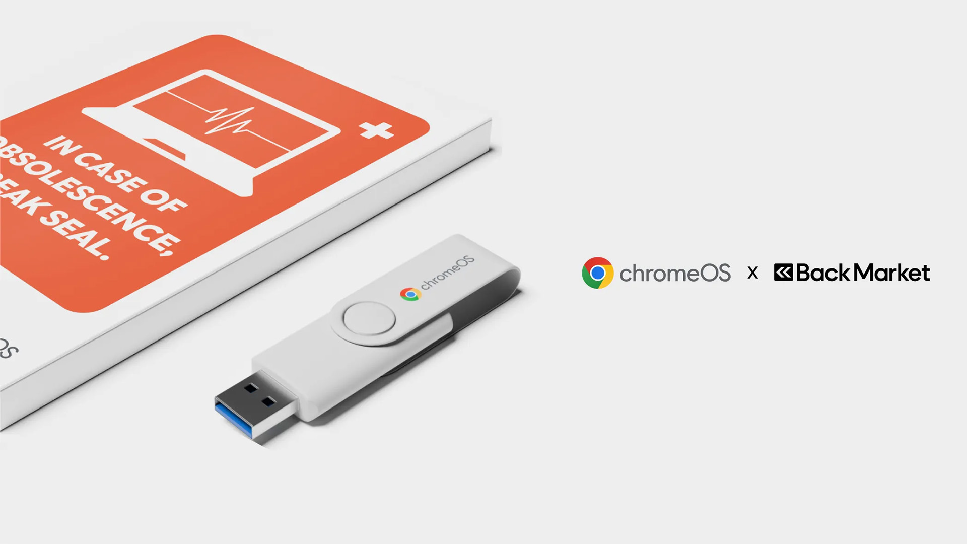 A photo of the packaging and USB drive for ChromeOS Flex next to the chromeOS and Back Market logo, on a white background.