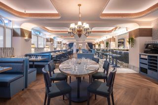 Manzi's restaurant ground level blue maritime themed interior