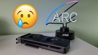 Intel Arc A750 graphics card with a tear emoji