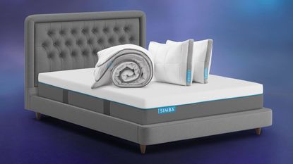 Simba mattress deals bedding bundle with blue bed, duvet and pillows on top 