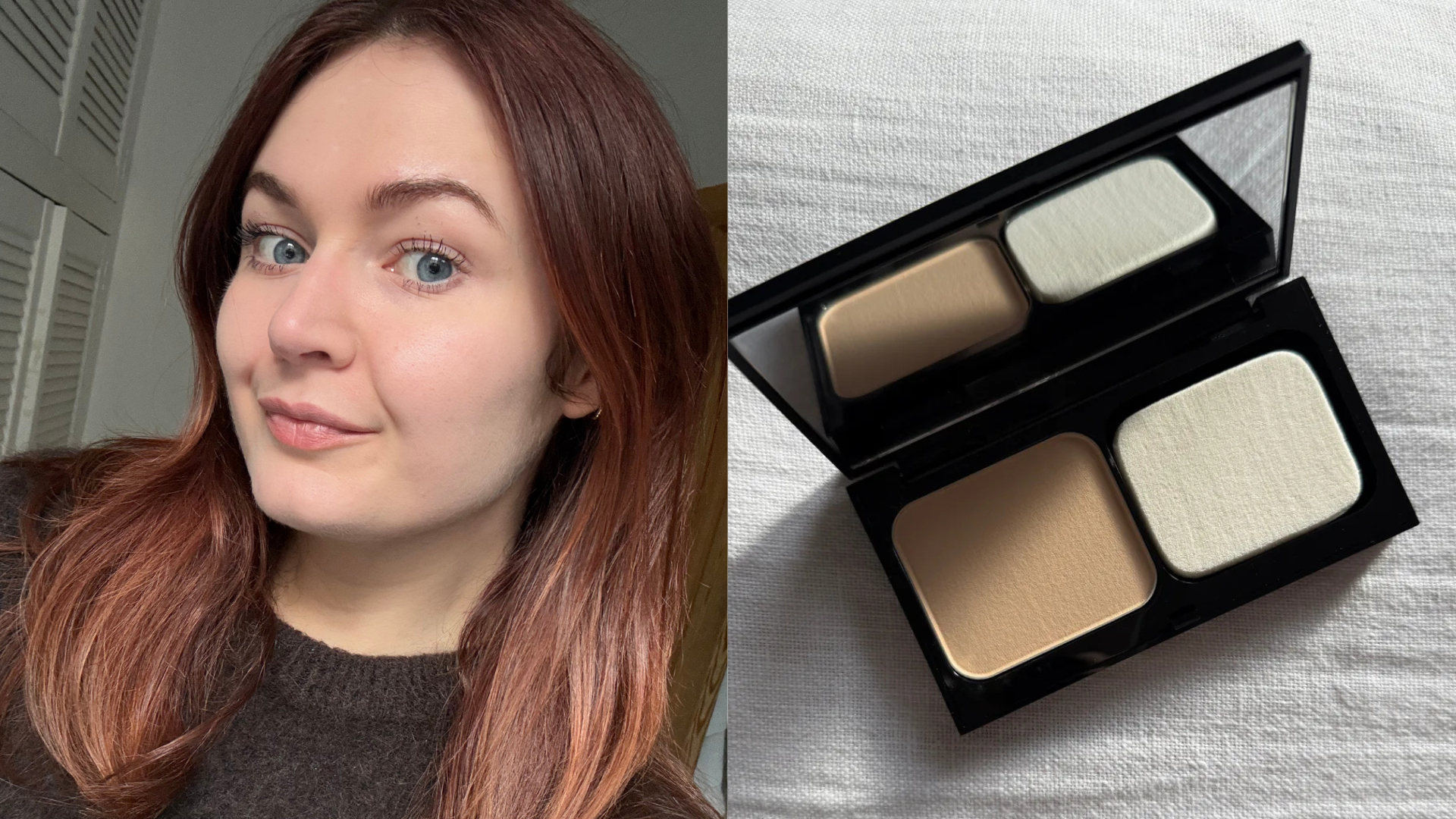 Lucy wearing the Bobbi Brown Powder Foundation (left) and the open product (right)