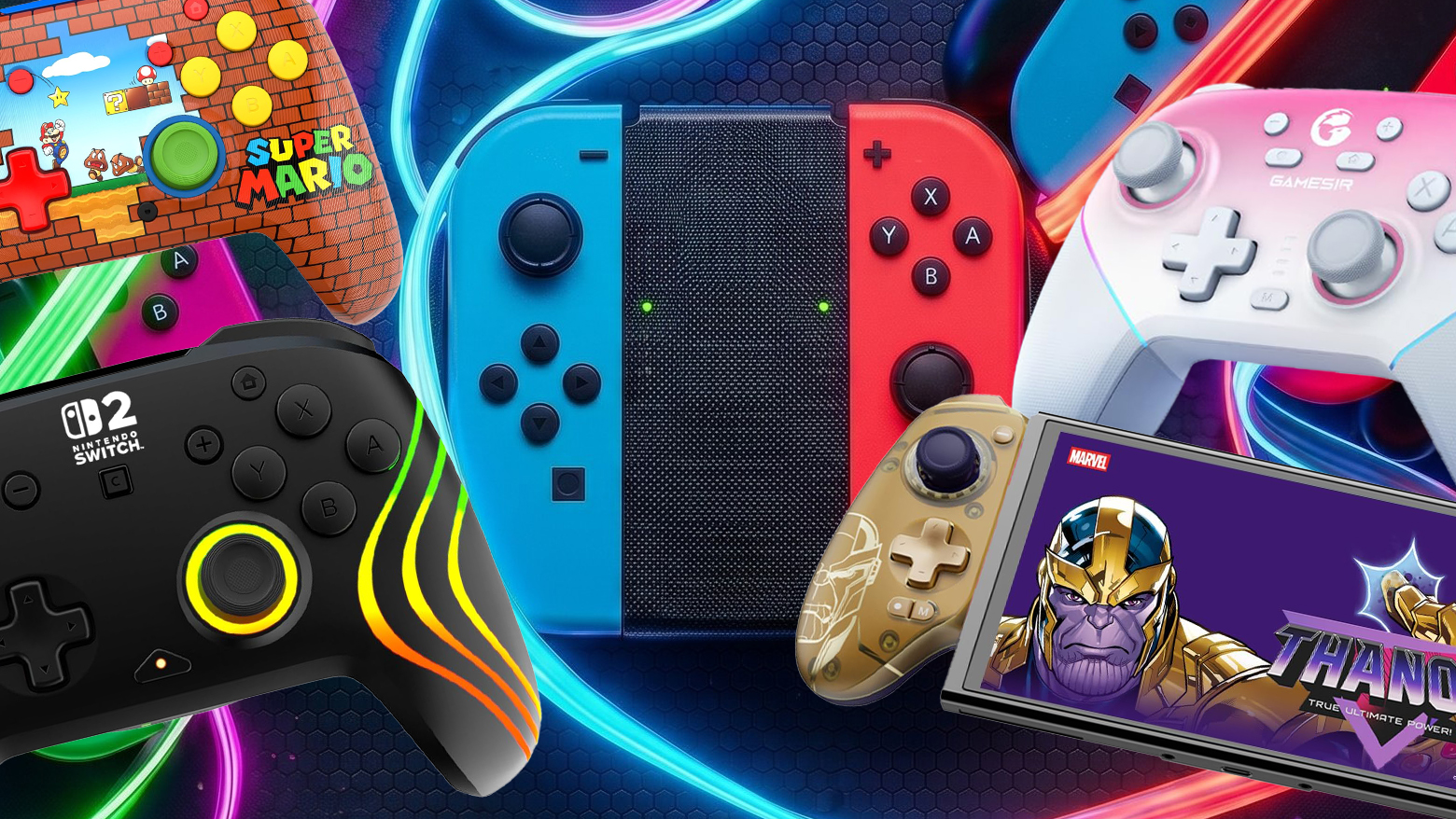 A collection of controllers for the Nintendo Switch 2