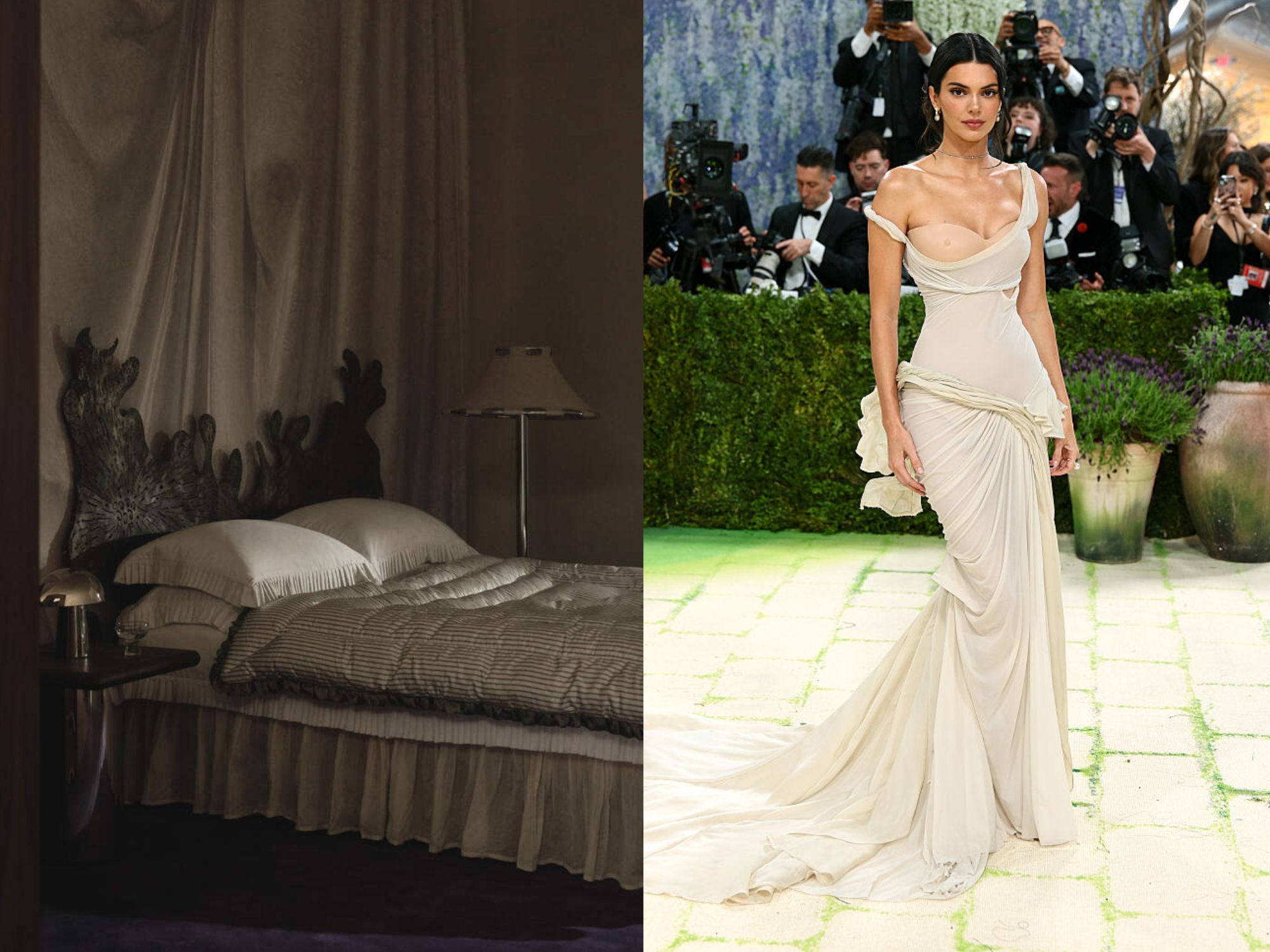 There is a cream bed with a draping bed skirt and a gothic wooden headboard, the walls have cream drapes. Kendall Jenner wears a cream dress with a draped bodice.