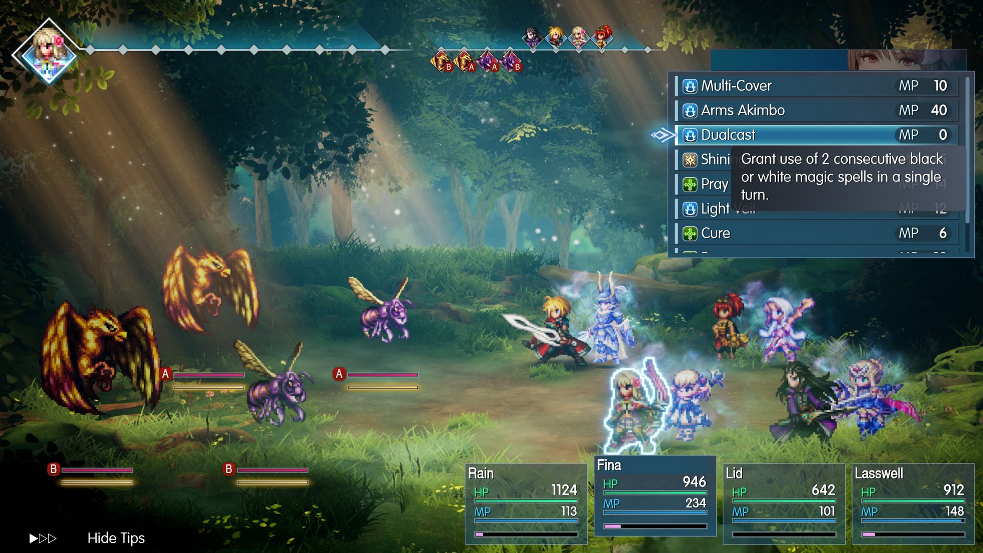 Fina uses Dualcast in combat in the woods in Final Fantasy Resonance