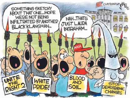 Political cartoon U.S. Ku Klux Klan Laura Ingraham BlacKkKlansman MAGA Trump