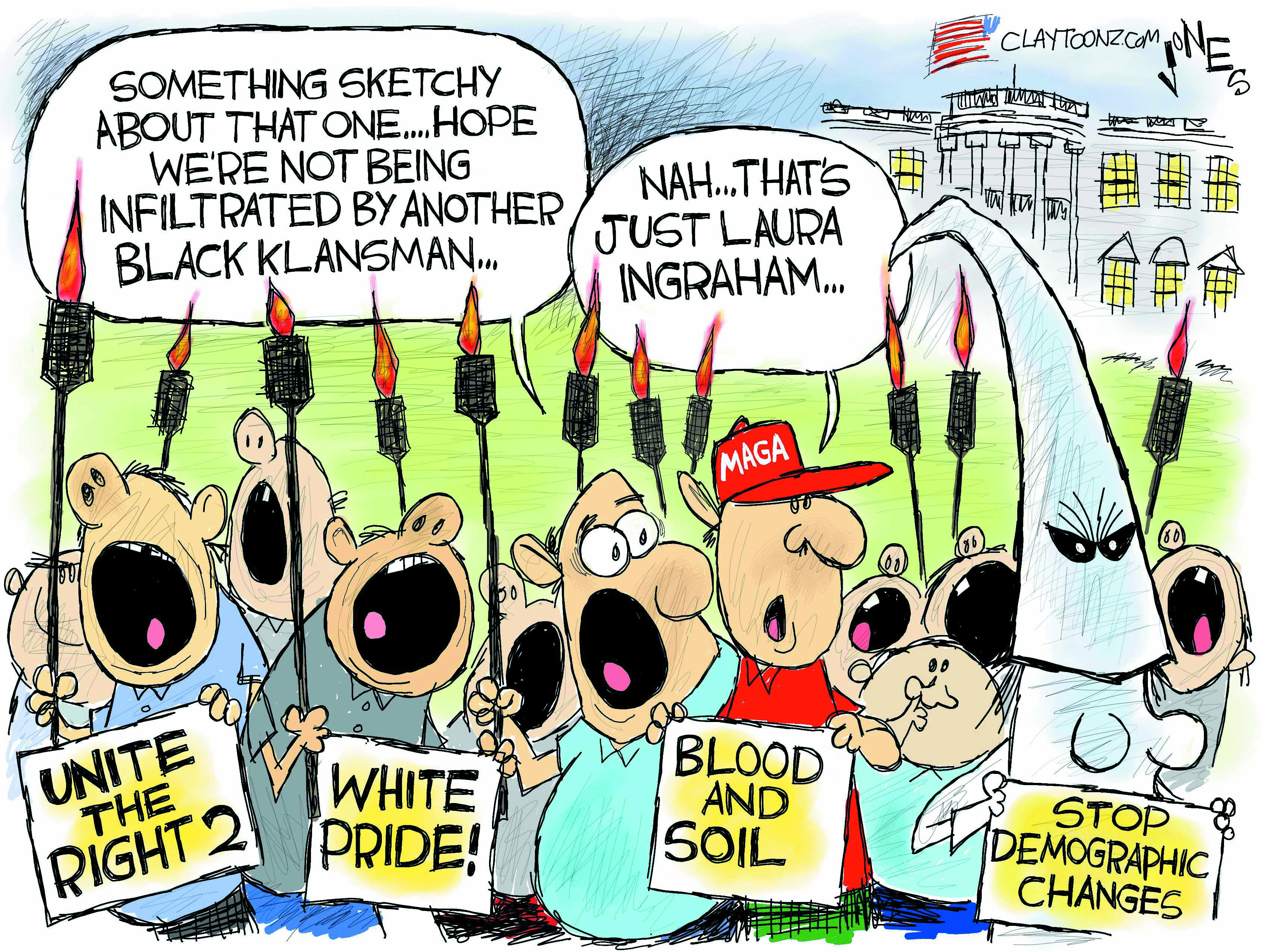 Political cartoon U.S. Ku Klux Klan Laura Ingraham BlacKkKlansman MAGA Trump