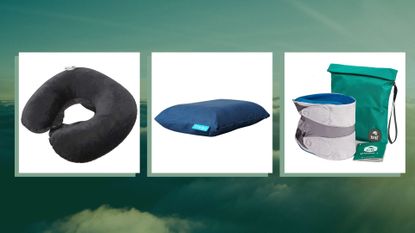 A composite image of three of the best travel pillows to buy in 2022 on a background of clouds