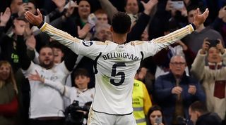 Jude Bellingham celebrates after scoring for Real Madrid against Girona in February 2024.