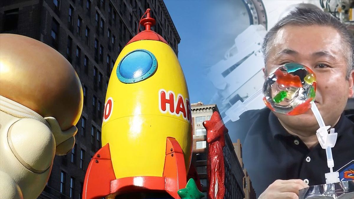 photo collage showing a parade float with gummi candy astronaut and rocket ship, along with a photo of a nasa astronaut on the international space station