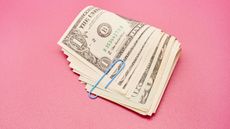 Bundle of money on pink background for CVS pink tax