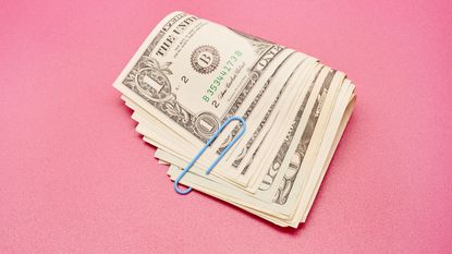 Bundle of money on pink background