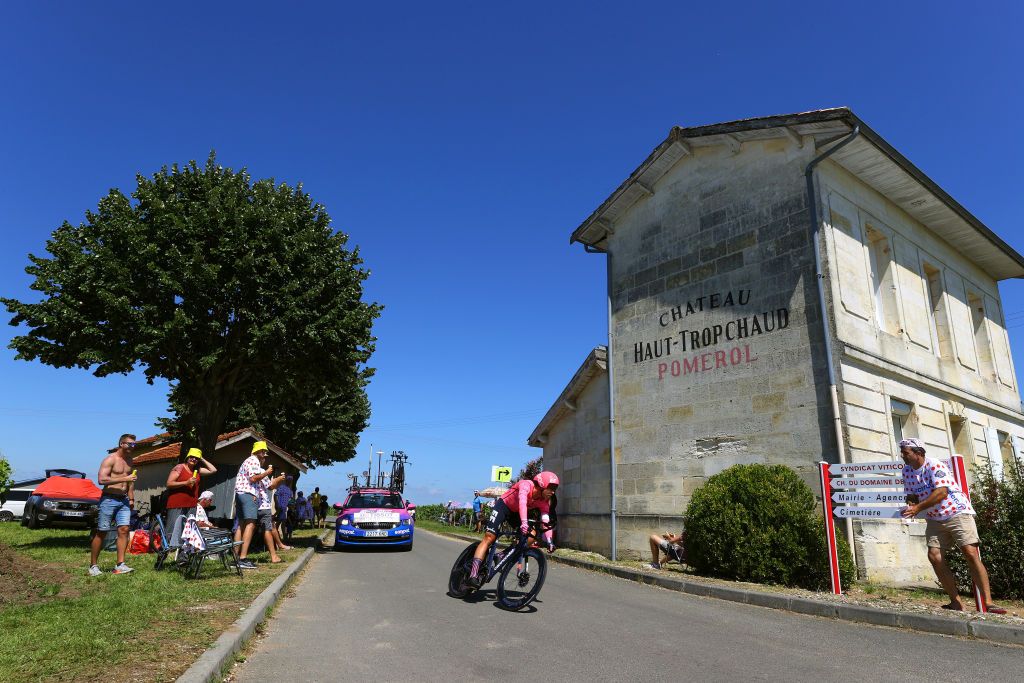 SAINTEMILION FRANCE JULY 17 Michael Valgren of Denmark and Team EF Education Nippo during the 108th Tour de France 2021 Stage 20 a 308km Individual Time Trial Stage from Libourne to SaintEmilion 75m Public Fans Vineyards Pomerol wine Landscape ITT LeTour TDF2021 on July 17 2021 in SaintEmilion France Photo by Tim de WaeleGetty Images
