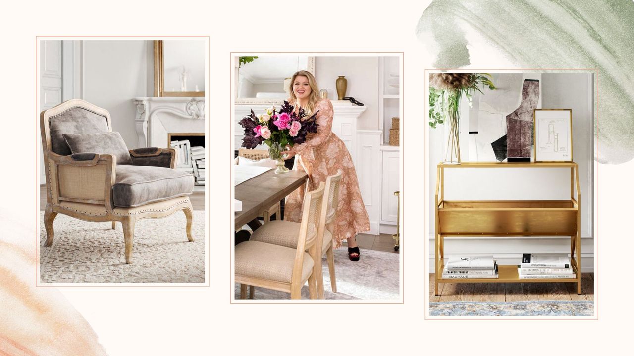 An image of Kelly Clarkson in the middle and two items from Kelly Clarkson&#039;s furniture collection on the left and right on a collage background.