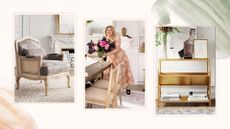 An image of Kelly Clarkson in the middle and two items from Kelly Clarkson's furniture collection on the left and right on a collage background.