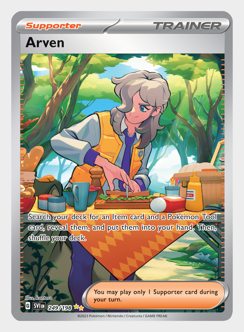 Arven prepara un sándwich en una obra de arte de una tarjeta de Entrenador de Apoyo del juego Pokémon TCG: Scarlet & Violet