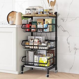 Umdonx Vegetable Storage Rack,kitchen Trolley,vegetable Trolley on Wheels,4 Tier Kitchen Vegetable Storage Trolley Black Metal 15.4"*12.2"*34.44"