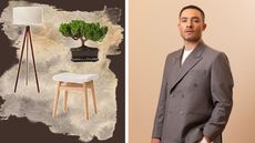 Living room finds including a stool, floor lamp, and plant next to a photo of ed westwick in a suit on a tan background