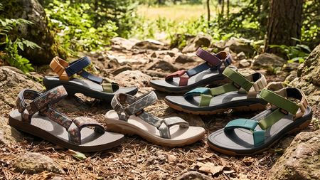 Pairs of Teva sandals on a rocky forest path