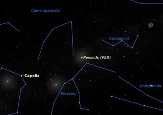 The Perseid meteors appear to radiate from a point between the constellations Perseus and Cassiopeia, in the northeastern section of the sky. The 2012 Perseid meteor shower display peaks on Aug. 12.