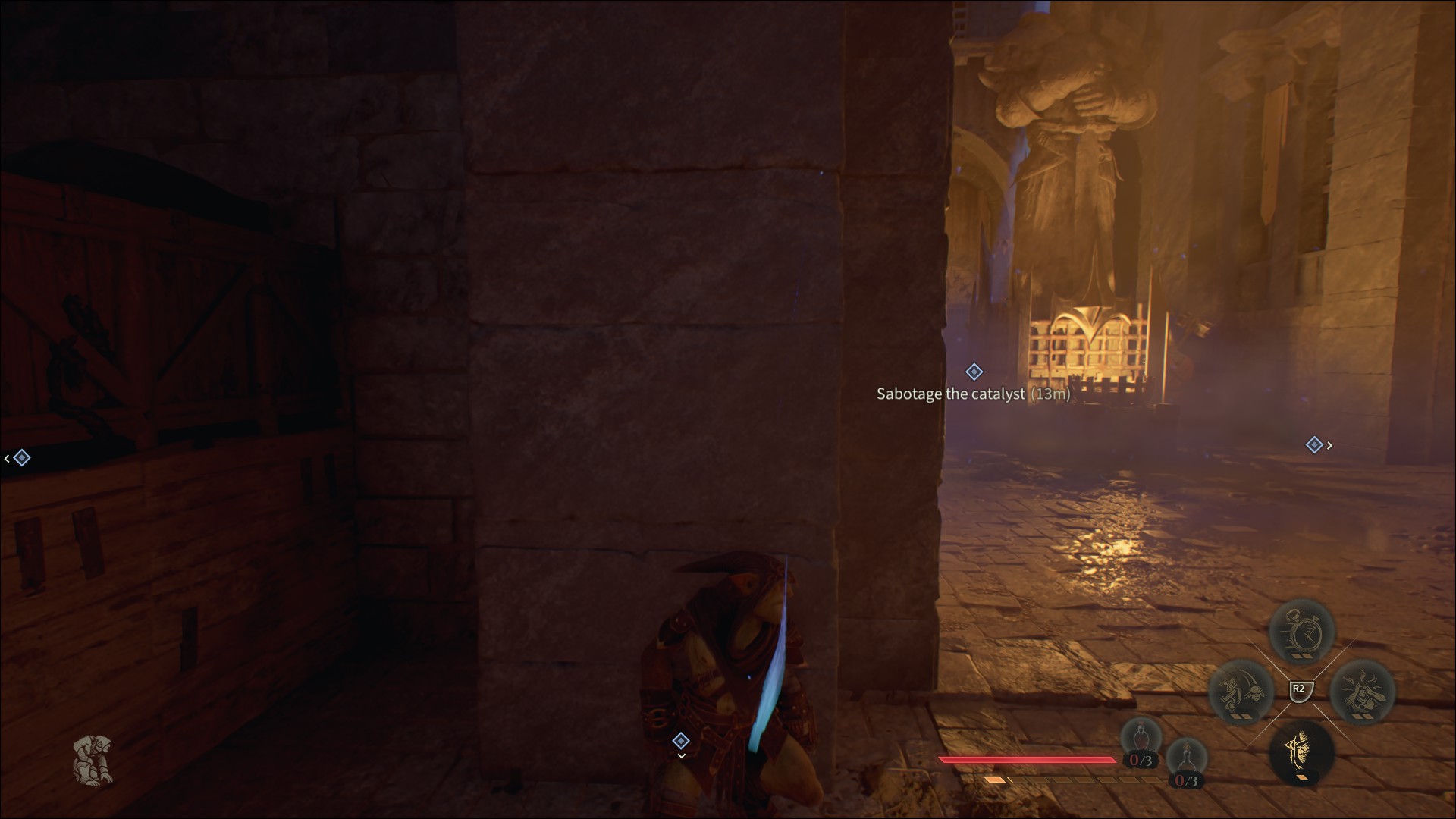A Styx: Blades of Greed screenshot showing Styx hiding from guards in a dimly lit corner.