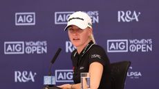 Charley Hull speaks during her 2025 AIG Women's Open pre-championship press conference at Royal Porthcawl