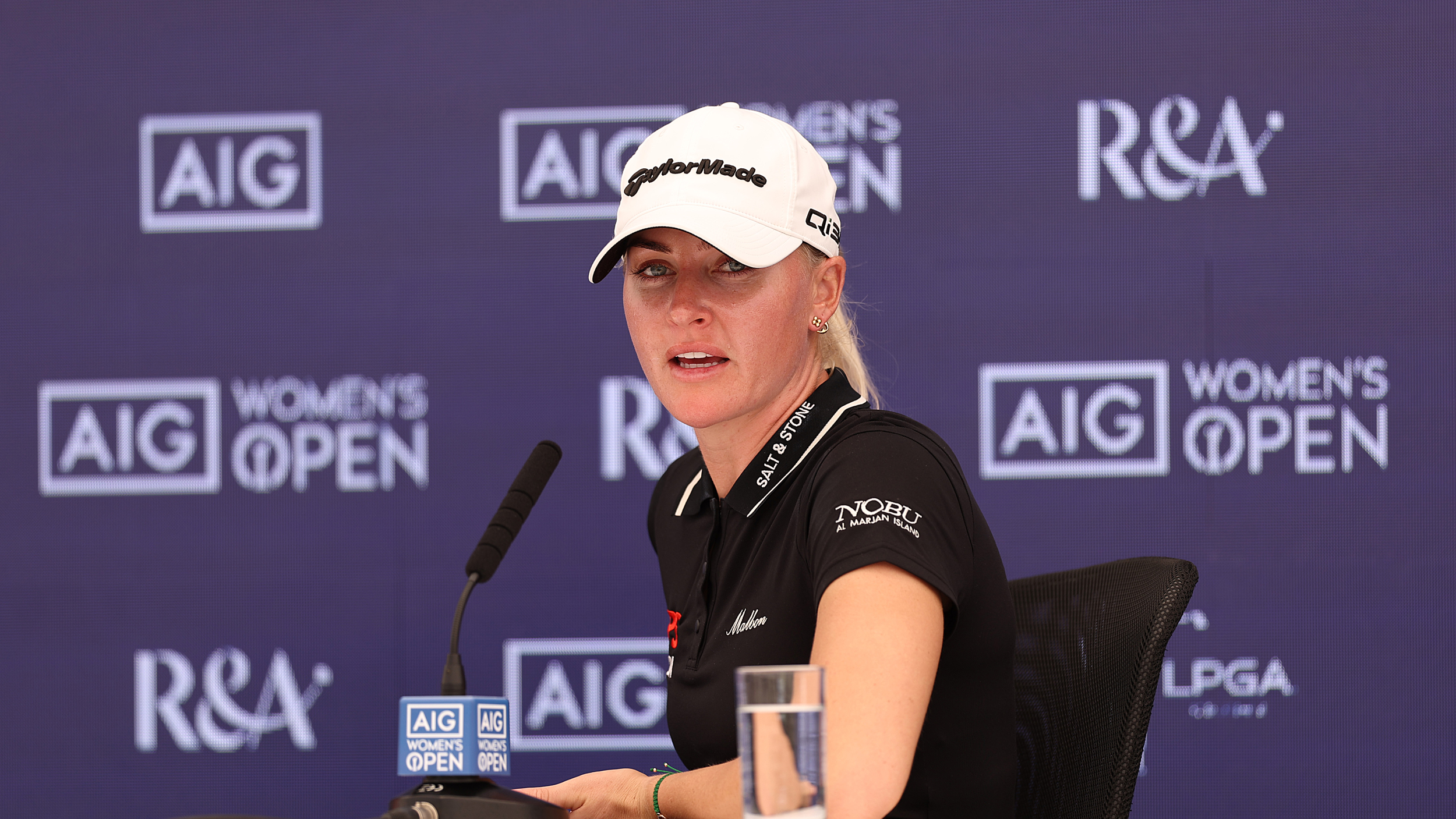 Charley Hull speaks during her 2025 AIG Women&#039;s Open pre-championship press conference at Royal Porthcawl