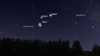 Jupiter, Saturn and the crescent moon will form a triangle in the night sky overnight on June 8-9, 2020. The trio will rise in the southeast shortly before midnight and fade from view when dawn breaks.
