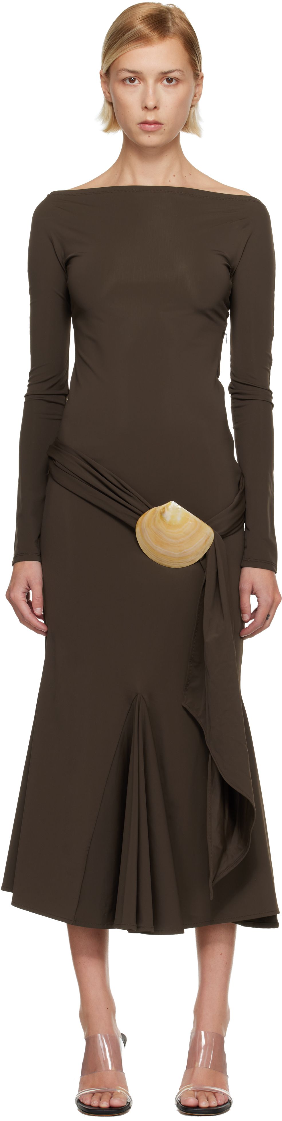 Brown Recycled Spandex Shell Belt Maxi Dress