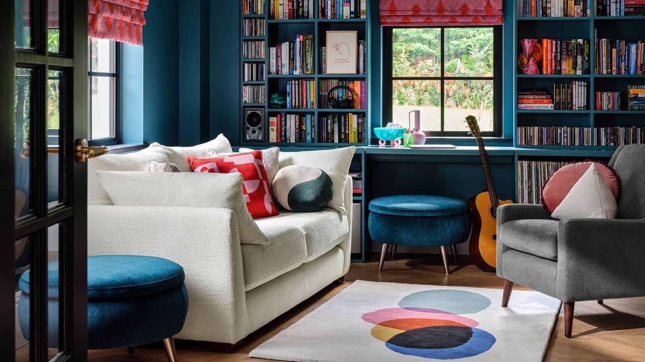 Blue living room with cream boucle sofa