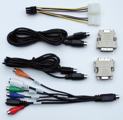The 7900 GT comes with a power splitter cable, two DVI to D-Sub adapters, a composite video cable and two S-Video cables for input and output operation.