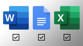 A series of software logos on a grey background showing a checkbox in Microsoft Word, Google Docs and Excel