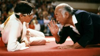 A screenshot of Ralph Macchio and Pat Morita from The Karate Kid movie