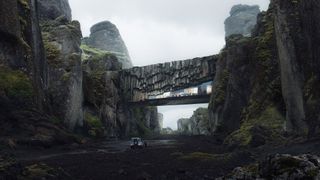 Archviz: Jeep driving towards an overhead bridge in a mountainous ravine