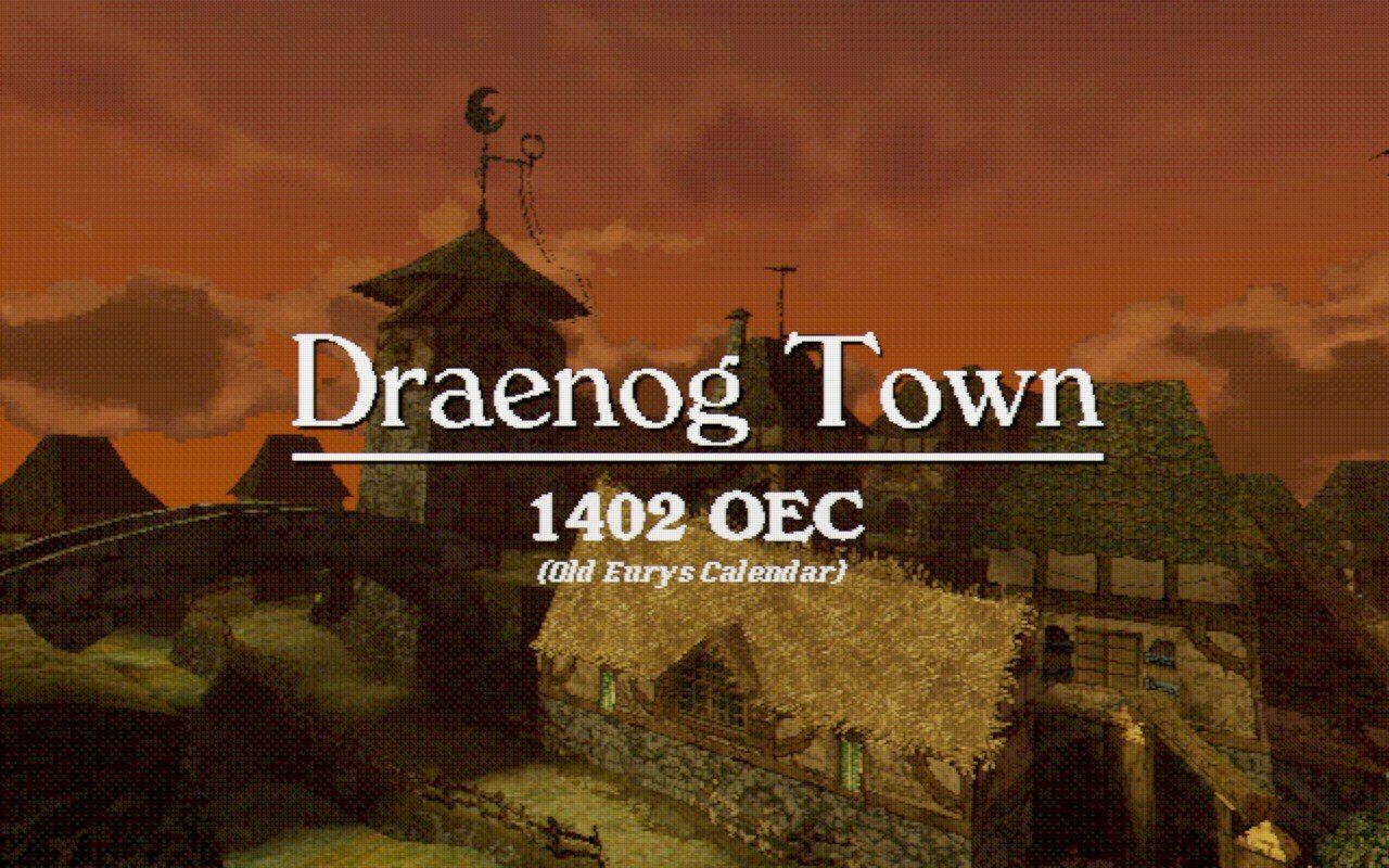 Entropy screenshot title card of "Draenog Town 1402 OEC" over view of town