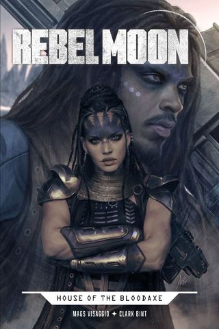 comic book cover showing a man and woman with facial tattoos wearing warrior clothing in a futuristic setting.