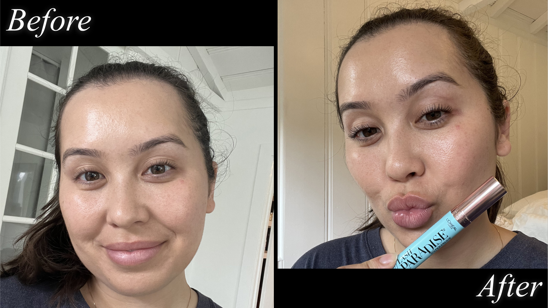 Catharine Malzahn before and after testing L'Oréal Paris Lash Paradise Waterproof Mascara