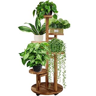 Geebobo 5 Tiered Tall Plant Stand for Indoor, Wood Plant Shelf Corner Display Rack, Multi-Tier Planter Pot Holder Flower Stand for Living Room Balcony Garden Patio (walnut)