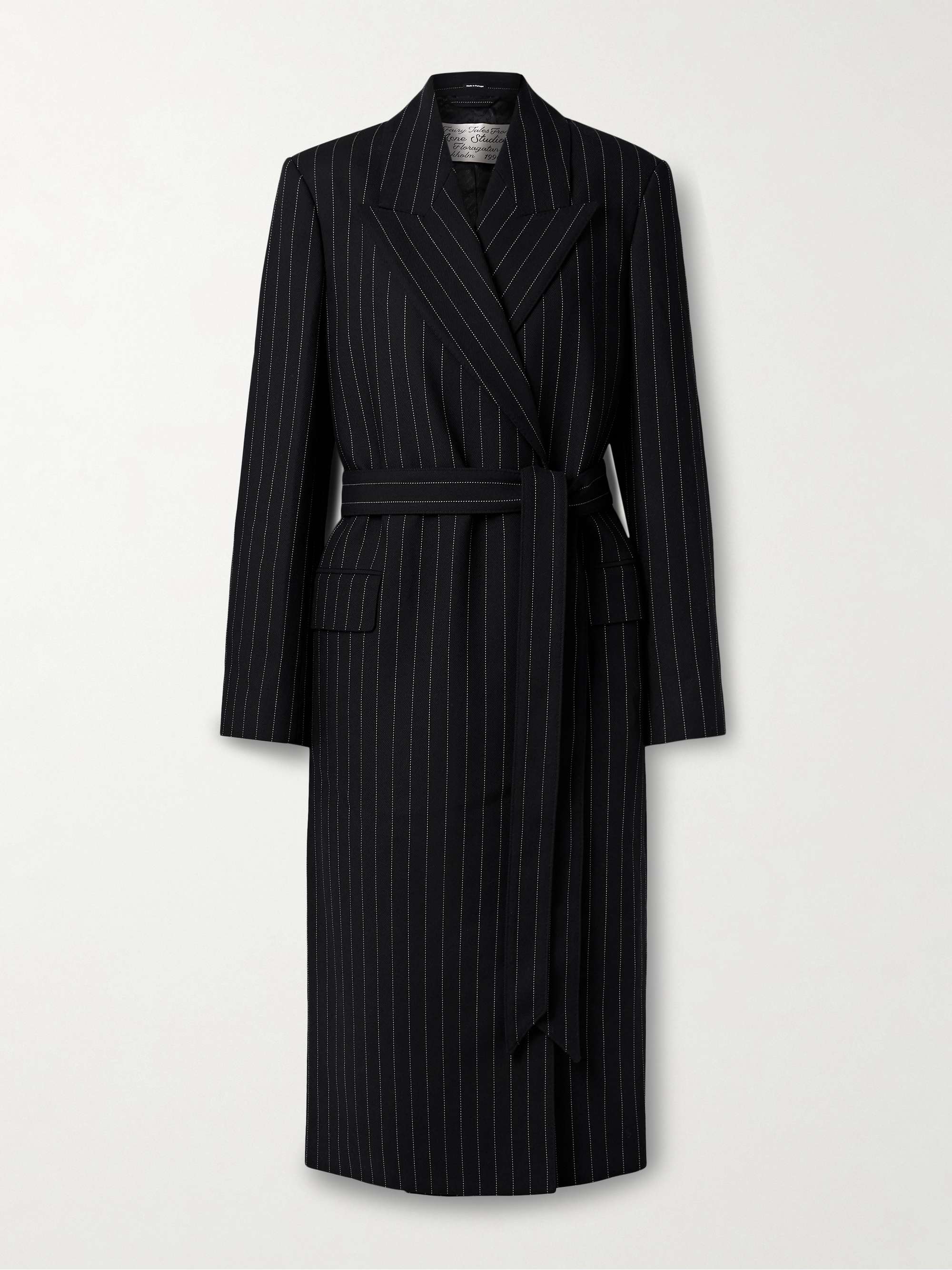 Belted Pinstriped Wool Coat
