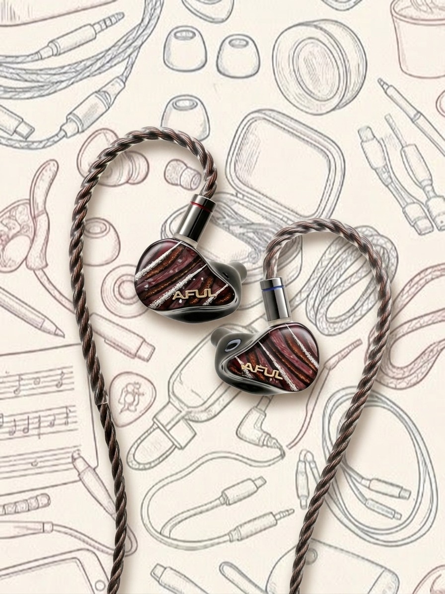 A selection of in-ear monitors on an AI-generated, illustrative background.