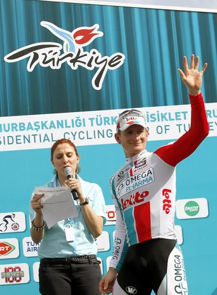Stage winner Andr&eacute; Greipel (Omega Pharma - Lotto) on the podium.