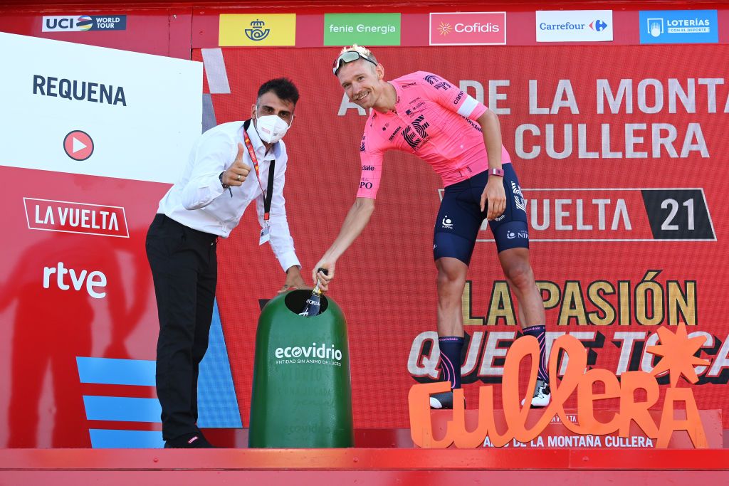ALTO DE LA MONTAA DE CULLERA SPAIN AUGUST 19 Magnus Cort Nielsen of Denmark and Team EF Education Nippo celebrates at podium as stage winner during the 76th Tour of Spain 2021 Stage 6 a 1583km stage from Requena to Alto de la Montaa de Cullera 184m lavuelta LaVuelta21 on August 19 2021 in Alto de la Montaa de Cullera Spain Photo by Stuart FranklinGetty Images