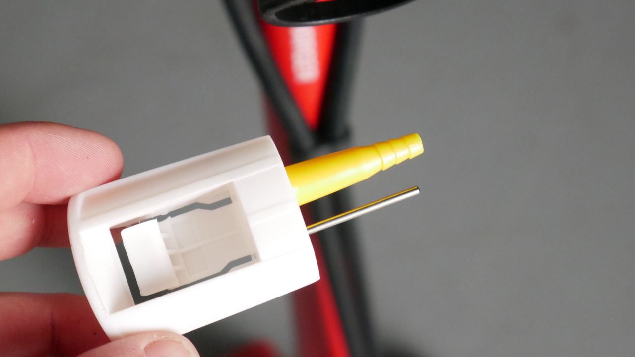 Detailed shot of the Trek Dual Chamber bike track pumps internal handle storage