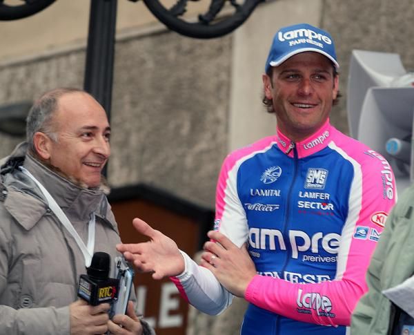 Alessandro Petacchi (Lampre - Farnese Vini) on the podium for finishing second in stage three.