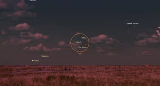 A red hued landscape with a low horizon rests beneath a partly cloudy sky. A crescent moon, mars and saturn are central, inside a yellow circle.. and venus are labeled in lower left, outside the cirlce low on the horizon.
