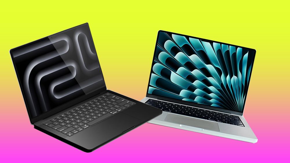 Two MacBooks on a gradient background illustrating how to choose a MacBook